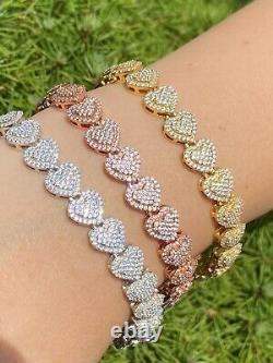 SOLID Real 925 Silver Ladies Iced Heart Link Bracelet Gold Rose Plated CZ