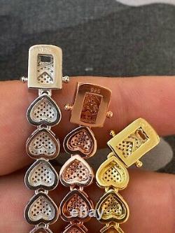SOLID Real 925 Silver Ladies Iced Heart Link Bracelet Gold Rose Plated CZ