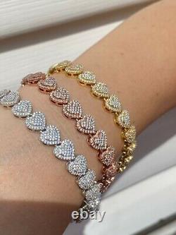 SOLID Real 925 Silver Ladies Iced Heart Link Bracelet Gold Rose Plated CZ