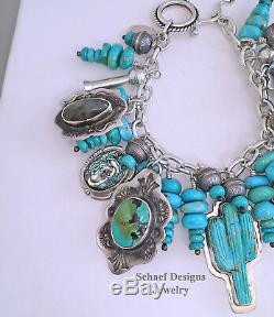 Schaef Designs Turquoise Cactus Squash Blossom Sterling Charm Bracelet Necklace