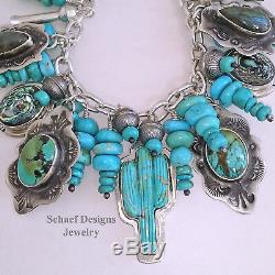 Schaef Designs Turquoise Cactus Squash Blossom Sterling Charm Bracelet Necklace