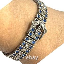 Signed Antique Art Deco Payco Sterling Silver Rhinestone Buckle Bracelet 7.25