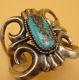 Signed Vintage Navajo Heavy Sand Cast Sterling Silver & Turquoise Cuff Bracelet