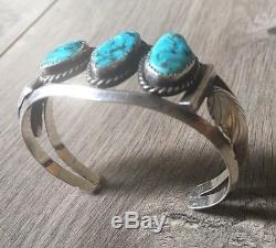 Signed Vintage Navajo Kingman Turquoise & Sterling Silver Row Cuff Bracelet