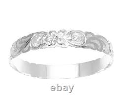 Silver 925 Hawaiian Bangle Bracelet Aloha Plumeria Flower Scroll Cut Out 12mm