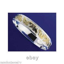 Silver 925 Hawaiian Bangle Bracelet Hibiscus Turtle Smooth Edge 12mm 2 Tone