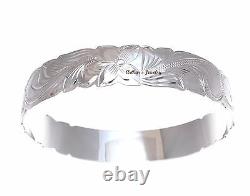 Silver 925 Hawaiian Bangle Bracelet Princess Plumeria Flower Scroll Cut Out 12mm