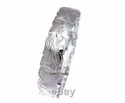 Silver 925 Hawaiian Bangle Bracelet Princess Plumeria Flower Scroll Cut Out 12mm