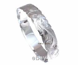 Silver 925 Hawaiian Bangle Bracelet Princess Plumeria Flower Scroll Cut Out 12mm