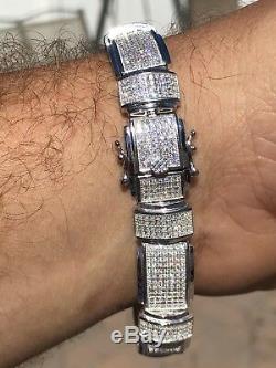 Solid 925 Silver W. 12ct Diamonds Iced Out Hip Hop Mens Bracelet Thick Custom