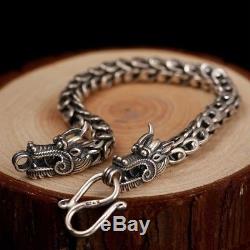 Solid 925 Sterling Silver Carved Double Dragon Heavy 7mm Link Chain Bracelet New