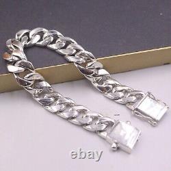 Solid 925 Sterling Silver Chain Men 12mm Glossy Cuban Curb Link Bracelet 59-60g