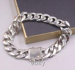 Solid 925 Sterling Silver Chain Men 12mm Glossy Cuban Curb Link Bracelet 59-60g