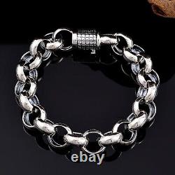 Solid 925 Sterling Silver Chain Men 16mm Cable Circle Link Bracelet 62g/9.4inch