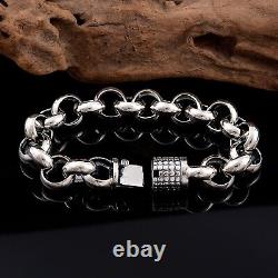 Solid 925 Sterling Silver Chain Men 16mm Cable Circle Link Bracelet 62g/9.4inch