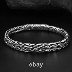 Solid 925 Sterling Silver Men's Bracelet 9mm Flat Wheat Link Chain 7.87inch