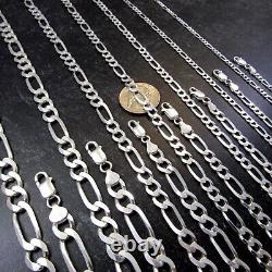 Solid 925 Sterling Silver Men's Italian Figaro Link Chain Bracelet or Necklace