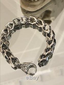 Solid 925 Sterling Silver Mens Heavy Skull Chain Cuff Bracelet 21cm UK STOCK