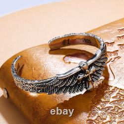 Solid 925 Sterling Silver Retro Angel Wings Mens Womens Bangle Bracelet Gift