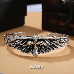 Solid 925 Sterling Silver Retro Angel Wings Mens Womens Bangle Bracelet Gift
