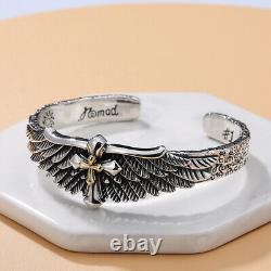 Solid 925 Sterling Silver Retro Angel Wings Mens Womens Bangle Bracelet Gift