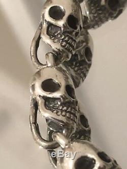 Solid 925 Sterling Silver Skull Heads Biker Bracelet Chain 51g UK STOCK