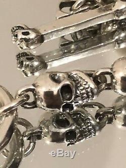 Solid 925 Sterling Silver Skull Heads Biker Bracelet Chain 51g UK STOCK