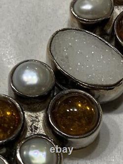 Starborn Creations Sterling Silver Pearl Druzy Quartz Amber Link Bracelet