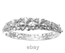 Sterling Silver 925 Hawaiian Fancy Plumeria Flower Maile Bangle Bracelet Rhodium