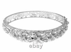 Sterling Silver 925 Hawaiian Fancy Plumeria Flower Maile Bangle Bracelet Rhodium