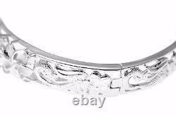 Sterling Silver 925 Hawaiian Fancy Plumeria Flower Maile Bangle Bracelet Rhodium