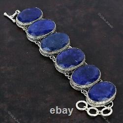 Sterling Silver Blue Saphire Gemstone Handcrafted Chain Vintage Bracelet Jewelry