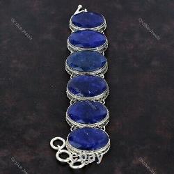 Sterling Silver Blue Saphire Gemstone Handcrafted Chain Vintage Bracelet Jewelry