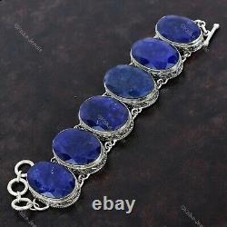 Sterling Silver Blue Saphire Gemstone Handcrafted Chain Vintage Bracelet Jewelry