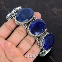 Sterling Silver Blue Saphire Gemstone Handcrafted Chain Vintage Bracelet Jewelry