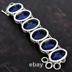 Sterling Silver Blue Saphire Gemstone Handcrafted Chain Vintage Bracelet Jewelry
