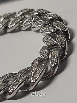 Sterling Silver Cuban Bracelet Moissanite Dimonds 2.08 Ctw 7mm 8.5 In Long