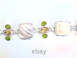Sterling Silver Mother of Pearl Peridot & Topaz Toggle Bracelet Heavy 50 Grams