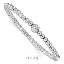 Sterling Silver Polished Beaded CZ Stretch Bracelet Gift for Mother
