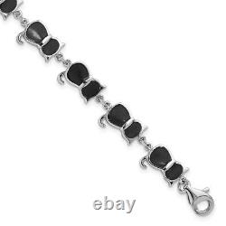 Sterling Silver Rhodium-plated Onyx Cat Link Bracelet for Womens