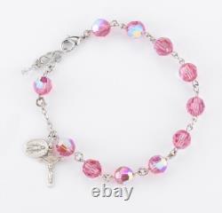 Sterling Silver Rosary Bracelet Created Pink Finest Austrian Crystal Round Beads
