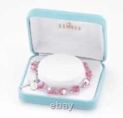 Sterling Silver Rosary Bracelet Created Pink Finest Austrian Crystal Round Beads