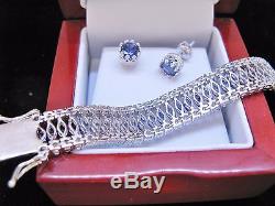 Tanzanite Marquis Clear Topaz Tennis Bracelet WithEarrings. 925 Sterling Silver