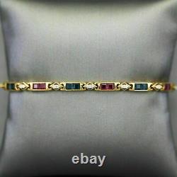 Tennis Bracelet 6.25Ct Princess Cut Ruby Sapphire & Diamond 14k Yellow Gold Fin