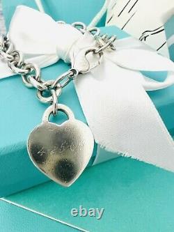 Tiffany & Co. Sterling Silver Heart Tag Chain Bracelet 7 Pouch & box