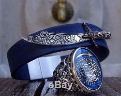 Turkish Handmade 925 Sterling silver slamic Men's Ring+Leather Silver Bracelet