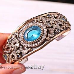 Turkish Handmade Jewelry 925 Sterling Silver Aquamarine Bracelet Bangle Cuff