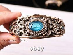 Turkish Handmade Jewelry 925 Sterling Silver Aquamarine Bracelet Bangle Cuff