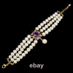 Unheated Oval Amethyst 14x10mm White Topaz Pearl 925 Sterling Silver Bracelet 8