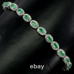 Unheated Oval Green Emerald 5x3mm White Cz 925 Sterling Silver Bracelet 8 Inches